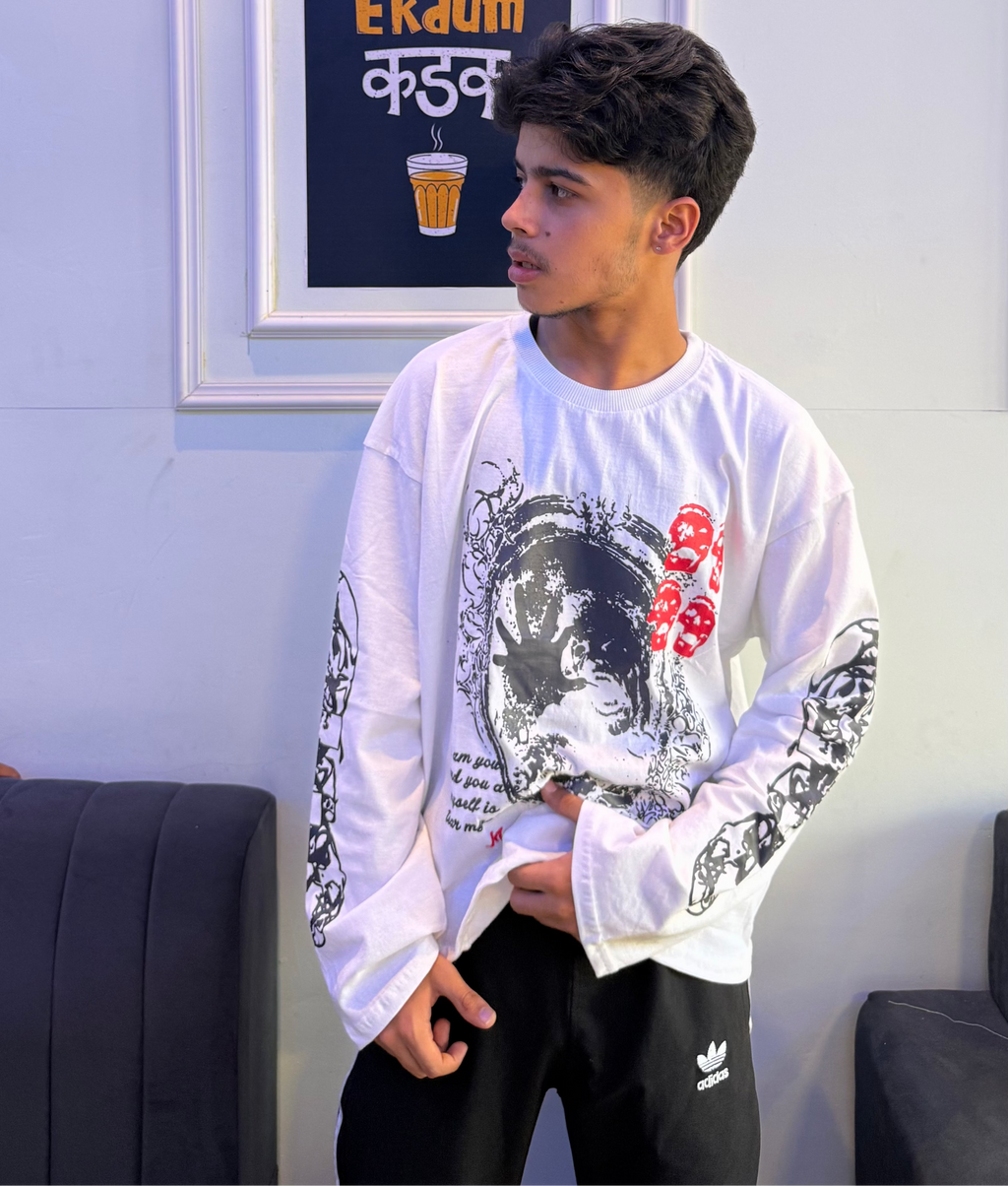 Men’s White Graphic Full-Sleeve Waffle/Boxy Fit Streetwear T-Shirt