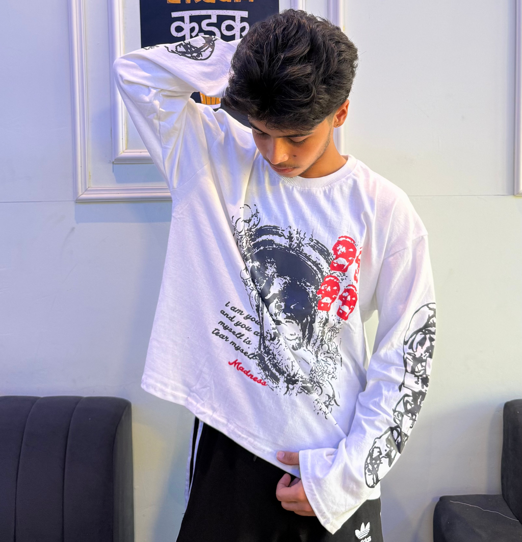 Men’s White Graphic Full-Sleeve Waffle/Boxy Fit Streetwear T-Shirt