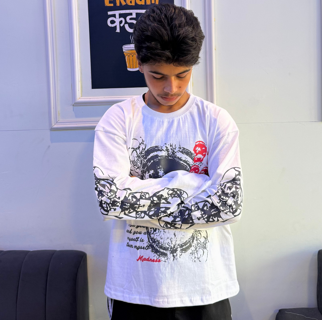 Men’s White Graphic Full-Sleeve Waffle/Boxy Fit Streetwear T-Shirt