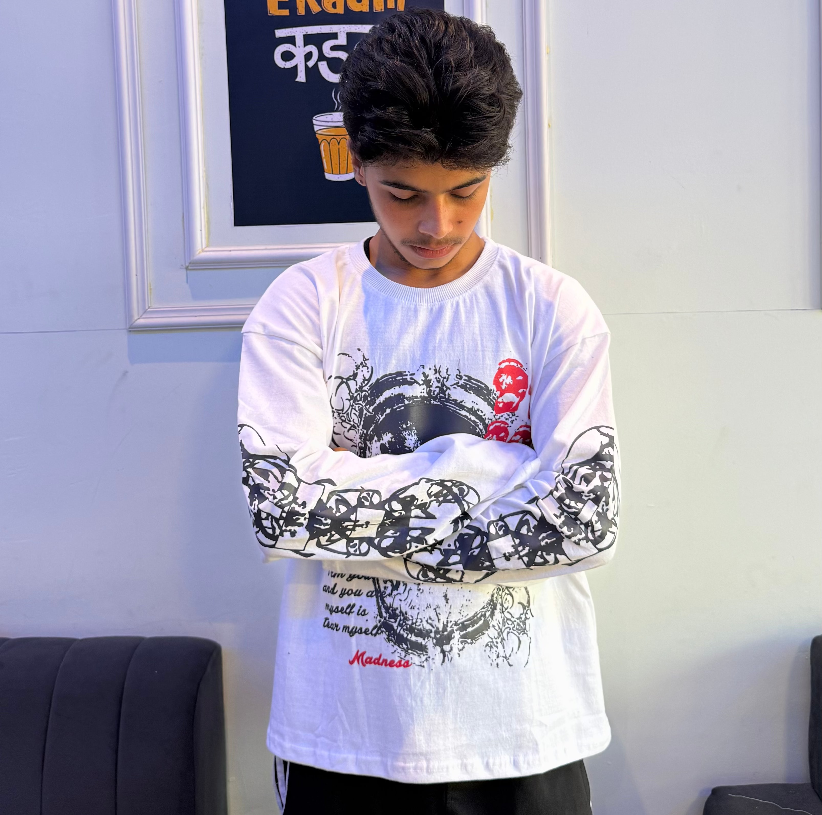 Men’s White Graphic Full-Sleeve Waffle/Boxy Fit Streetwear T-Shirt