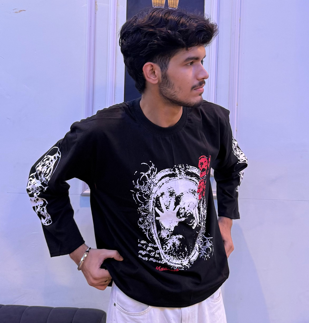 Men’s White Graphic Full-Sleeve Waffle/Boxy Fit Streetwear T-Shirt