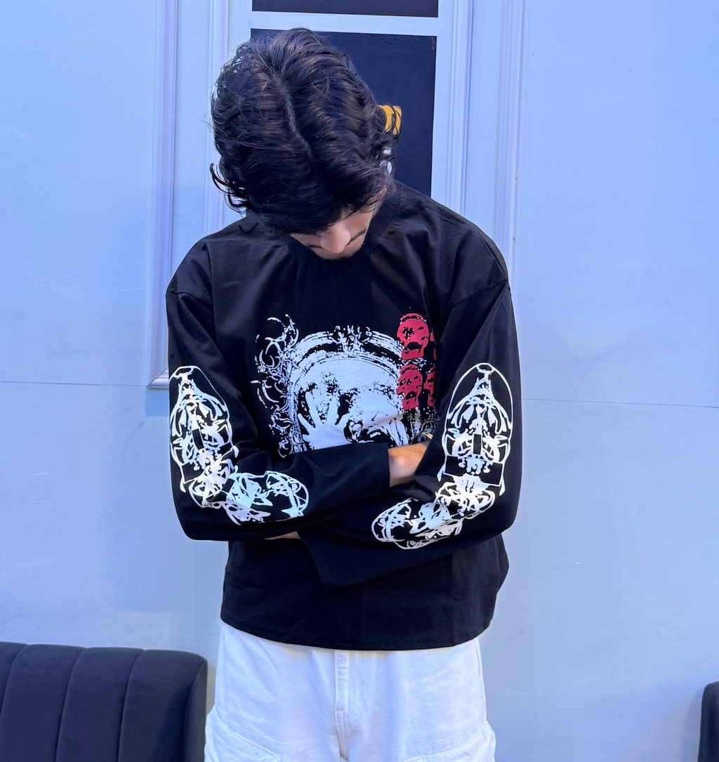 Men’s White Graphic Full-Sleeve Waffle/Boxy Fit Streetwear T-Shirt