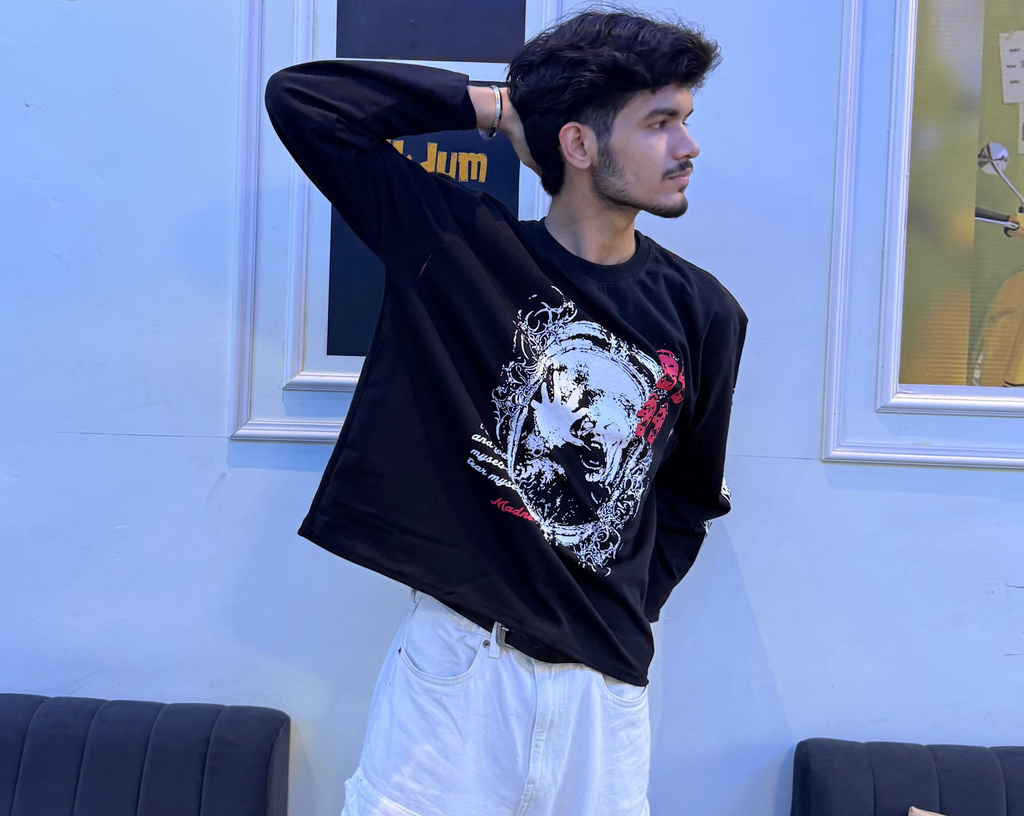 Men’s White Graphic Full-Sleeve Waffle/Boxy Fit Streetwear T-Shirt