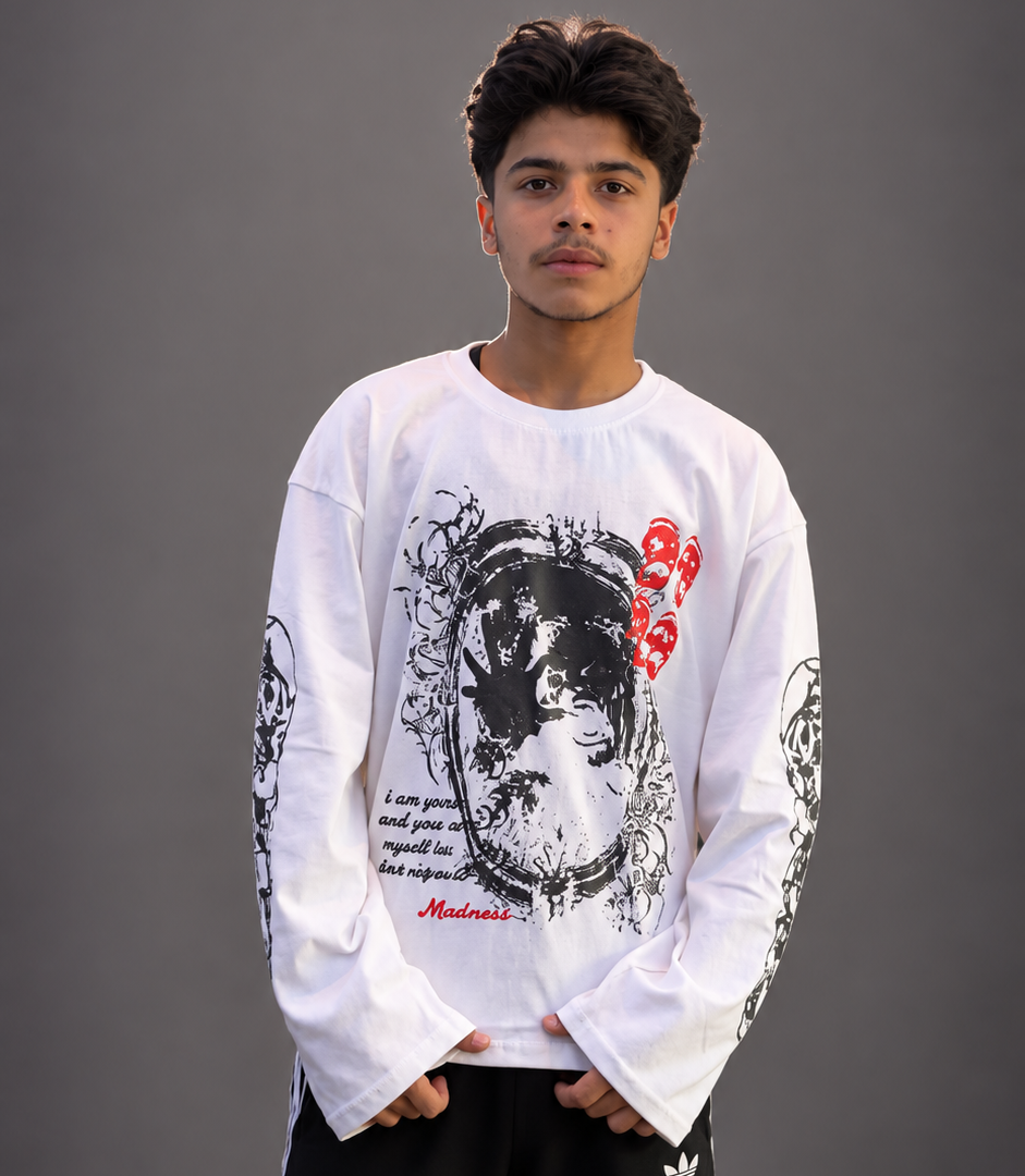 Men’s White Graphic Full-Sleeve Waffle/Boxy Fit Streetwear T-Shirt